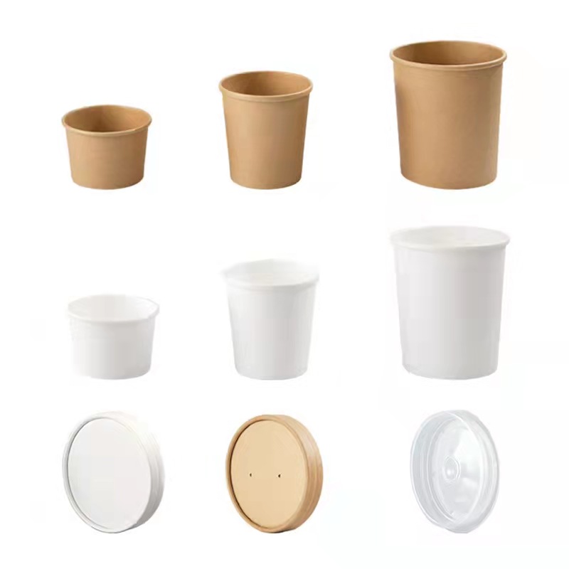 Disposable Biodegradable Eco-Friendly Food Grade Kraft Paper Soup Cup Bowl Lid Set for Hot Soup Private Label Custom