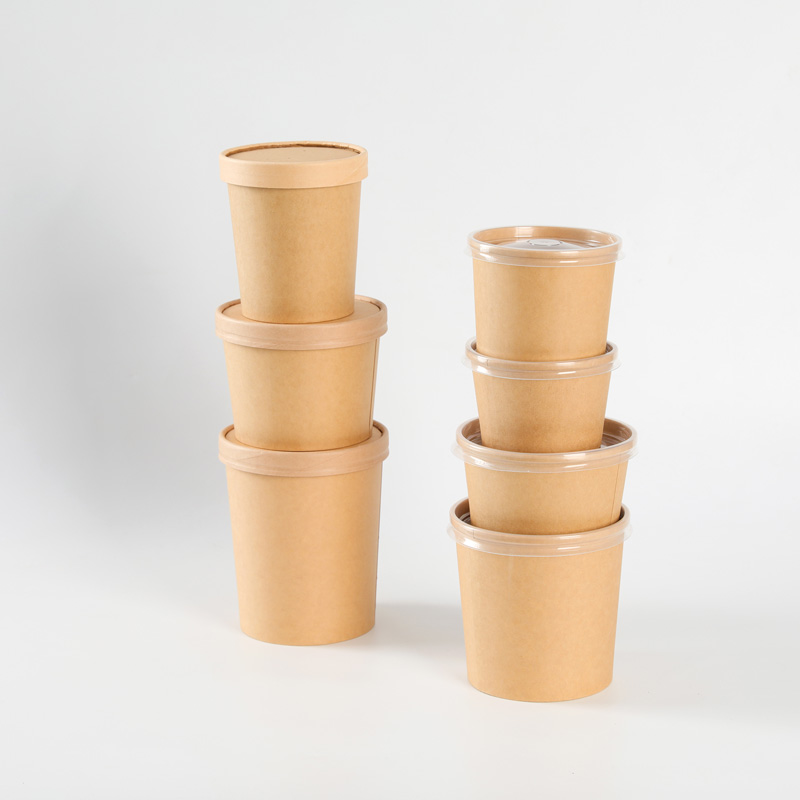 Disposable Biodegradable Eco-Friendly Food Grade Kraft Paper Soup Cup Bowl Lid Set for Hot Soup Private Label Custom