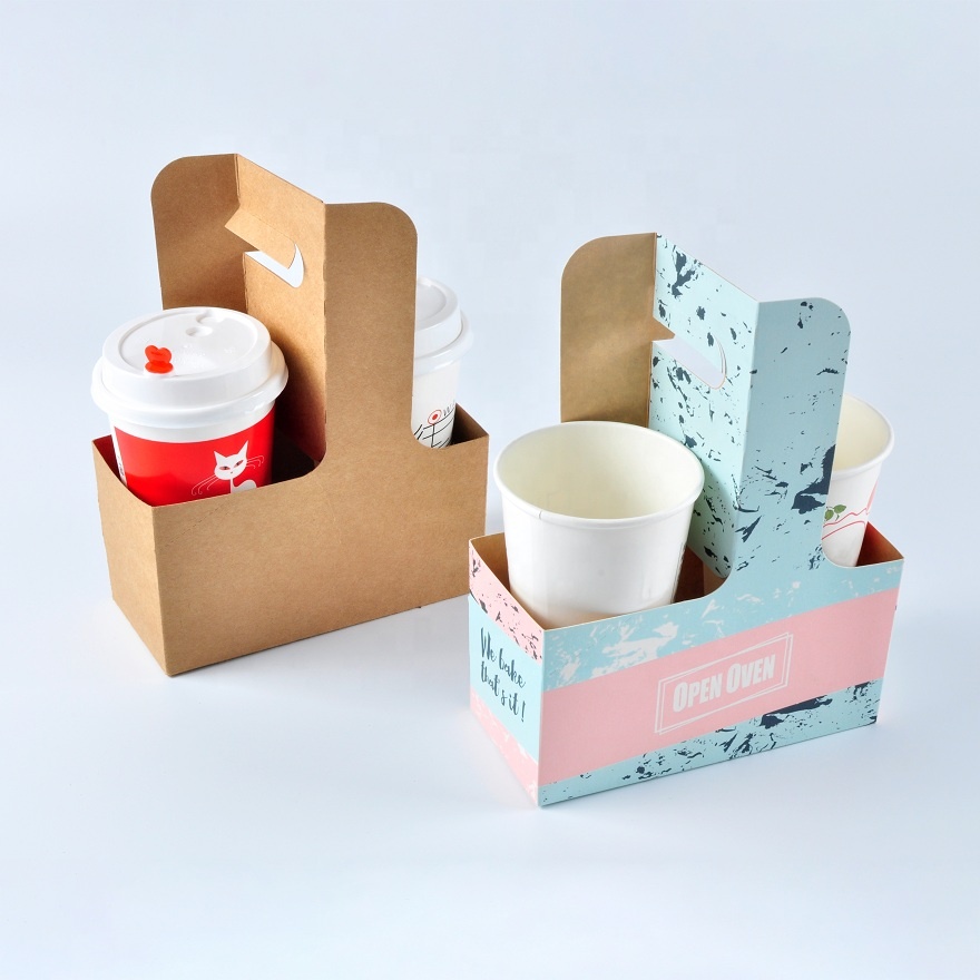 Disposable Paper Cup Kraft Take-Away Carrier with Custom Logo for Coffee Craft With Handle Cardboard Cup Holders