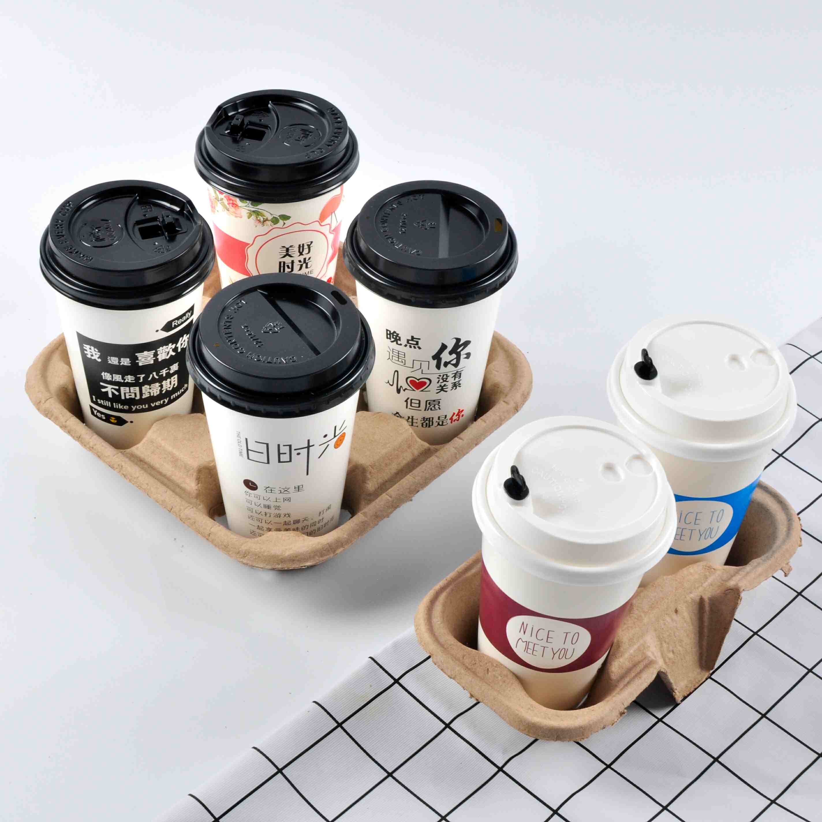 Disposable Bagasse Biodegradable Eco-Friendly Cups Holder Tray Paper Coffee Cup Carrier to Go