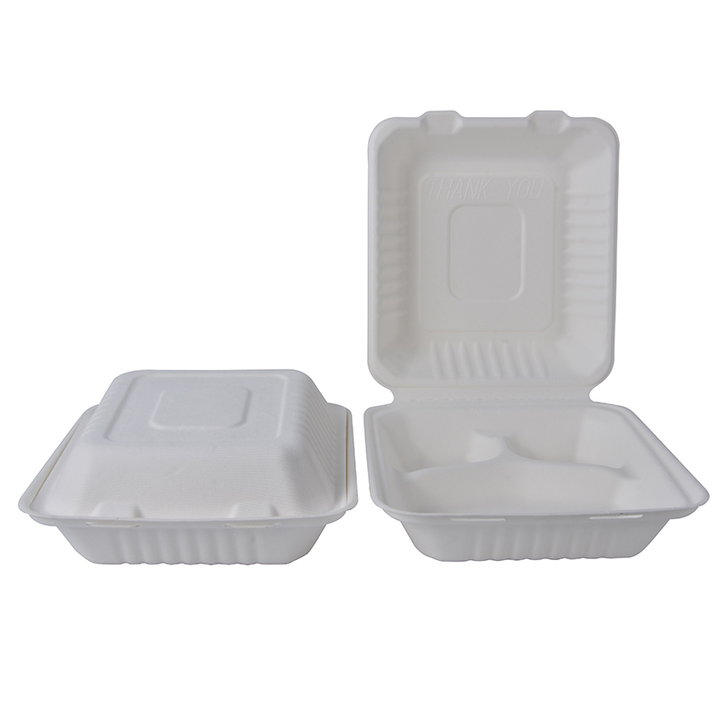 Disposable Clamshell Lunch Box Sugarcane Bagasse Pulp Take Out Bento Food Container